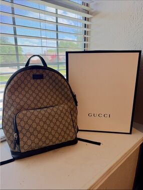 Gucci Brown Beige GG Supreme Canvas Backpack with Black Trim